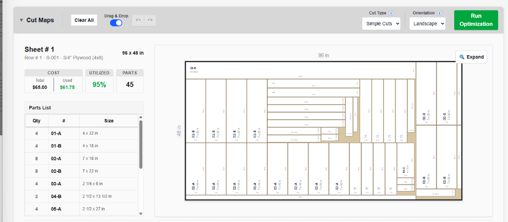 CutList Workspace nesting algorithm selector showing Simple Cuts, Balanced, and Max Yield modes