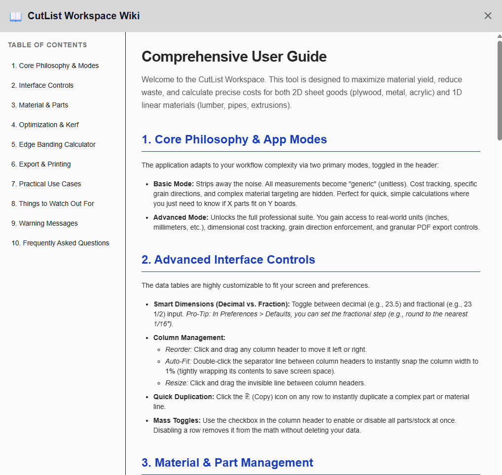 CutList Workspace integrated user guide with woodworking tips and shop handbook
